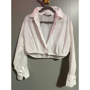Zara Cropped White Poplin Button Down – Adjustable Hem – Size Medium